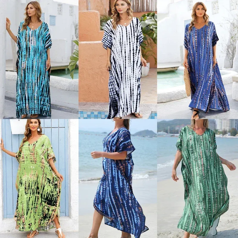 Loose Casual Caftan Beach Dress - vibrant patterned beach cover-up